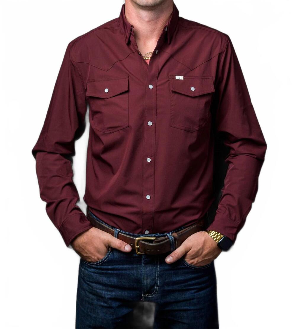 NEW FERRELL long sleeve snap shirt in maroon